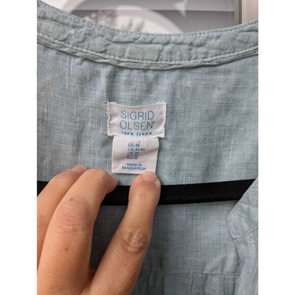 Sigrid Olsen Linen Button Down Shirt V-Neck Roll Up Button Sleeves Green, Size M - Picture 3 of 6